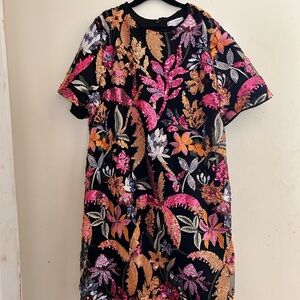 Baltic Born Black Mini Dress with Pink, Orange & Gold Floral Sequin Embroidery